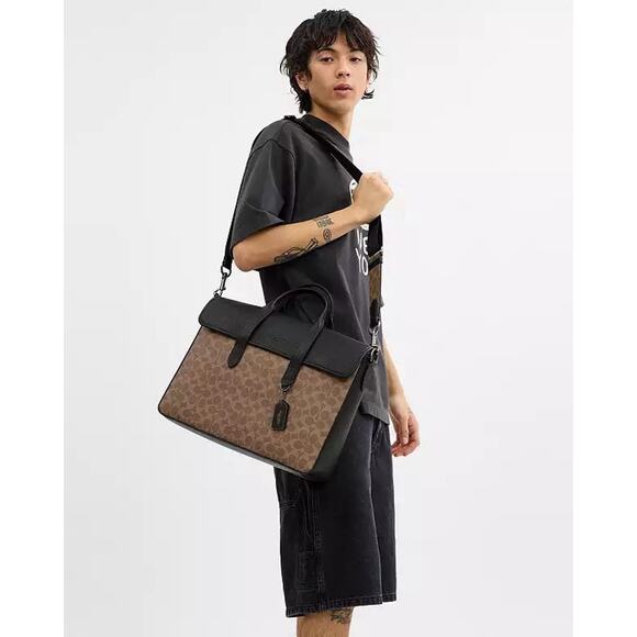 NWT Coach Sullivan Portfolio Brief In Signature Canvas cz402 tan Black - Picture 8 of 12